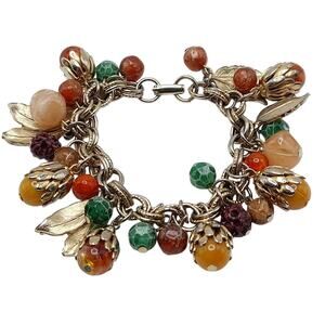 Vintage 1950s Charm Bracelet, Lucite Acorns Beads, Gold Tone Leaves